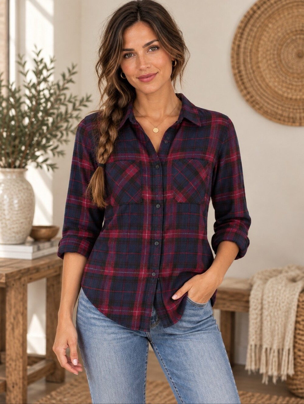 Rails Hunter Plaid Flannel Shirt Navy Burgundy Magenta Button Down Size‎ XS